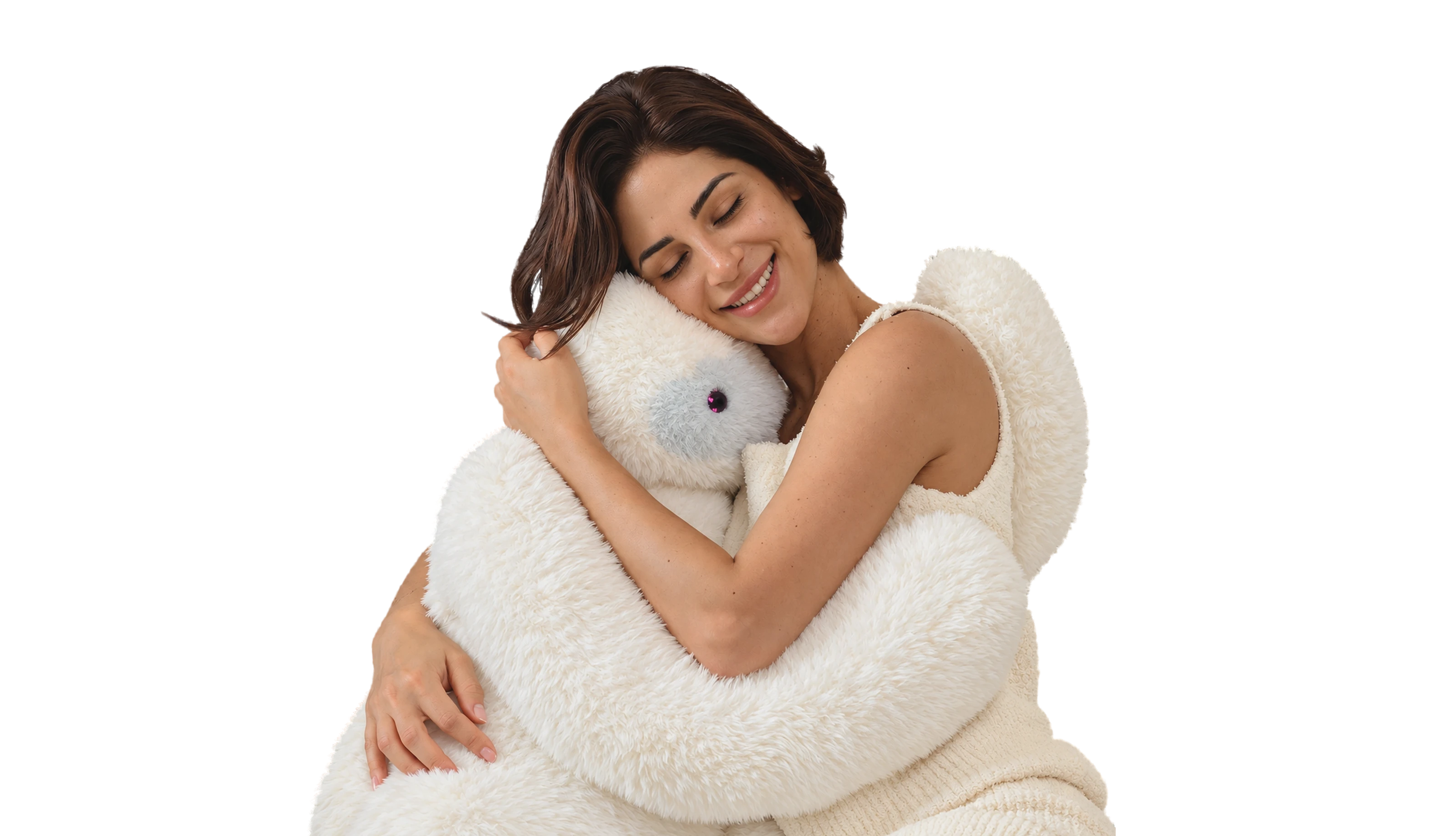 A smiling woman resting her head against MoYa and holding it in a warm embrace.
